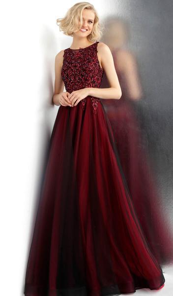 Jovani - Embroidered Bateau Ballgown With Sheer Back JVN67782 In Red