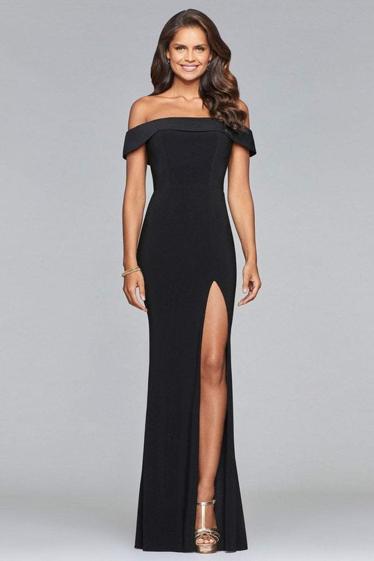 Faviana - Off-Shoulder Jersey Evening Gown with Slit s10015  in Black