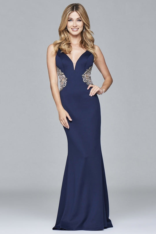 Faviana - s7916 Beaded Fitted Neoprene Gown in Blue