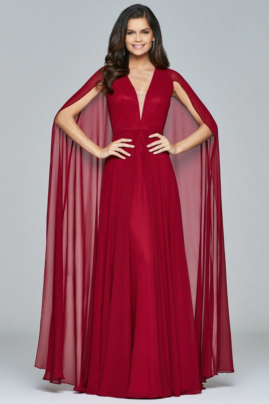 Faviana - S8087 V-Neck Chiffon Caped Gown in Red