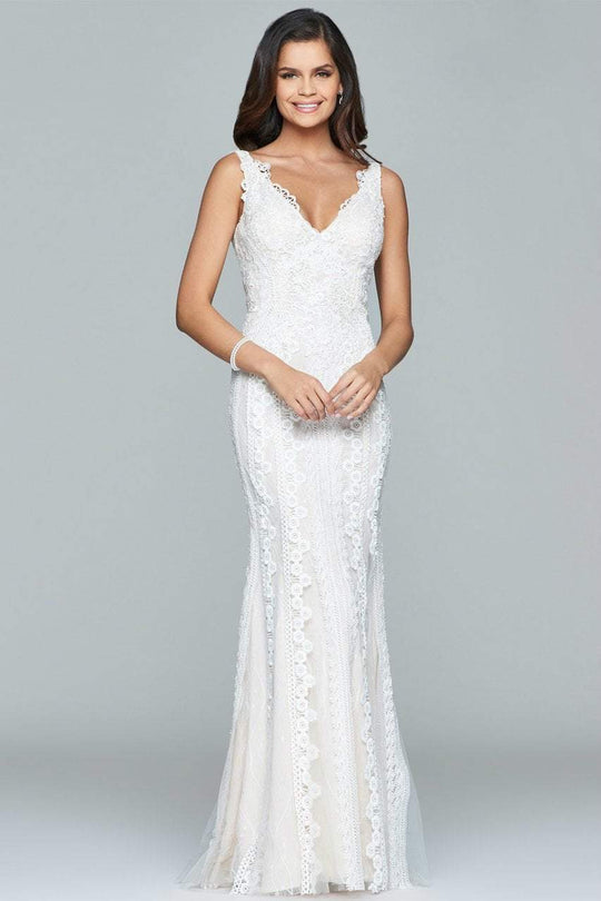 Faviana - s8089 Embroidered Lace Evening Gown in White