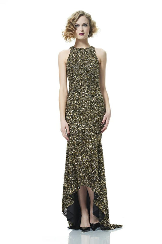 Theia - 882941 Sequined Halter Sheath Dress in Gold