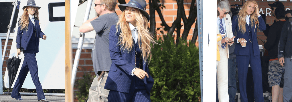 Blake Lively Looks Stunning in Pinstripe Suit on Set