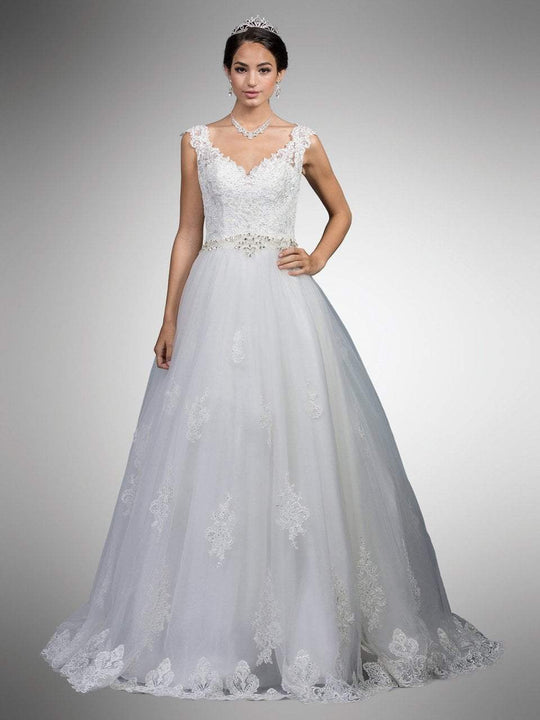 Dancing Queen - 6 Bejeweled Beaded Lace V-neck Ballgown in White