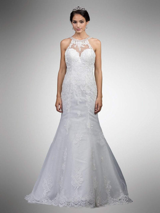 Dancing Queen - 15 Bedazzled Lace Illusion Halter Mermaid Gown in White