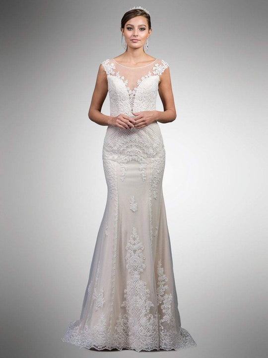 Dancing Queen - 18 Floral Lace Illusion Bateau Trumpet Gown in White and Neutral