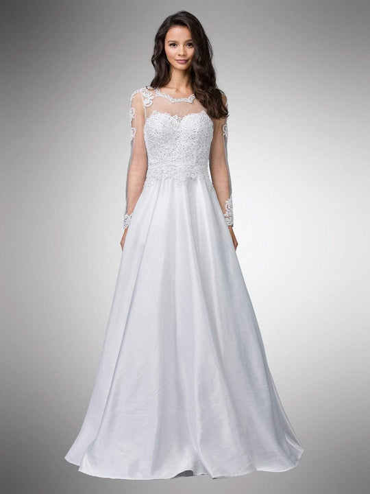 Dancing Queen - 31 Long Sleeve Illusion Appliqued A-Line Gown in White