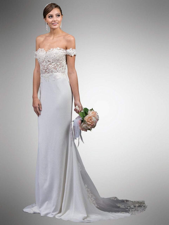 Dancing Queen - 49 Embellished Lace Off-Shoulder Sheath Gown in White