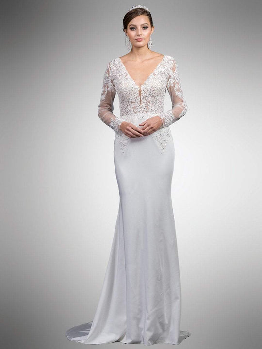 Dancing Queen - 52 Beaded Lace Long Sleeve V-neck Sheath Dress in White