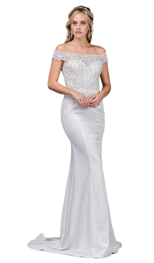 Dancing Queen - 53 Embellished Lace Off-Shoulder Trumpet Wedding Gown In White
