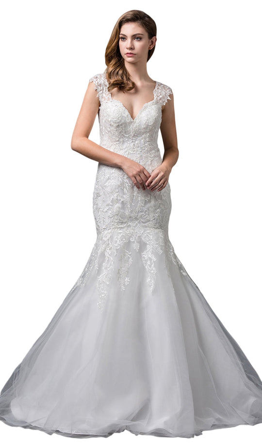 Dancing Queen Bridal - 59 Embroidered Plunging V-neck Mermaid Gown In White