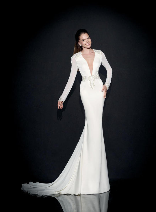 Tarik Ediz - Illusion Neckline Evening Gown 92515 in White
