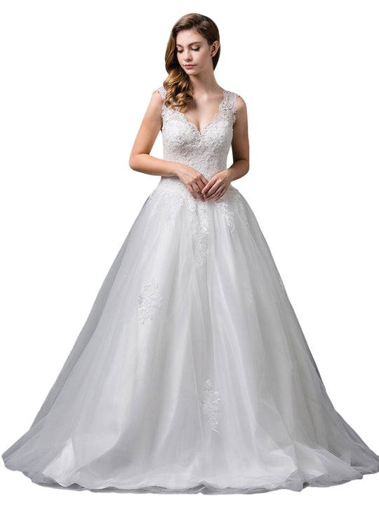 Dancing Queen Bridal - 71 Embroidered Scalloped V-neck Ballgown In White