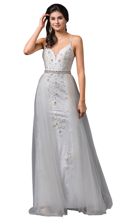 Dancing Queen Bridal - 74 Embellished Plunging V-neck A-line Gown In White
