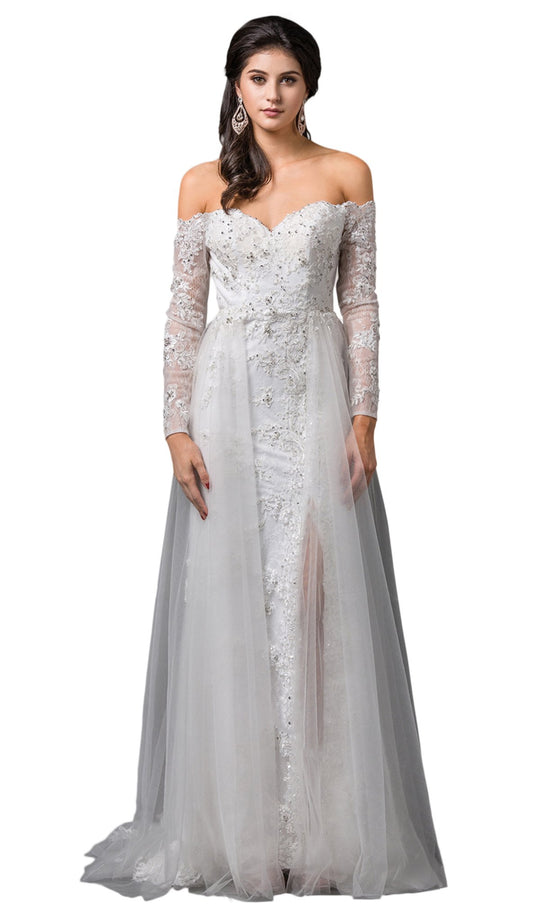 Dancing Queen Bridal - 78 Beaded Lace Off-Shoulder A-line Gown In White