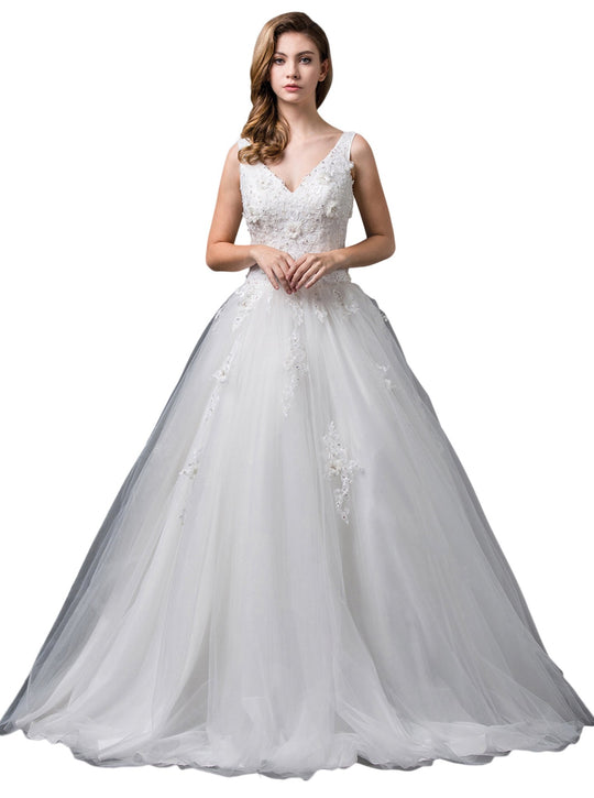 Dancing Queen Bridal - 79 Lace Plunging V-neck Ballgown In White