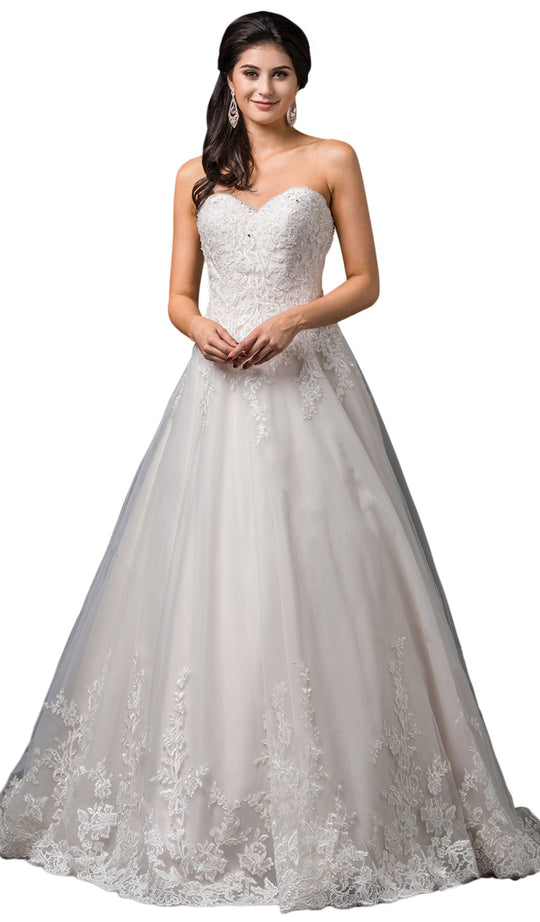 Dancing Queen Bridal - 85 Strapless Embroidered Sweetheart Ballgown In White and Nude