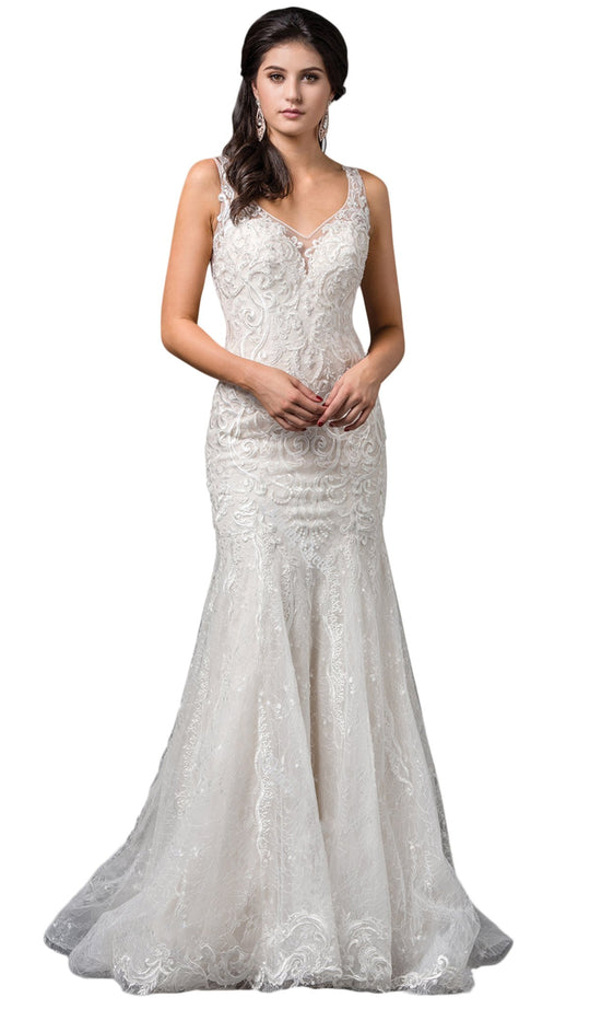 Dancing Queen Bridal - 87 Applique V-neck Trumpet Gown In White