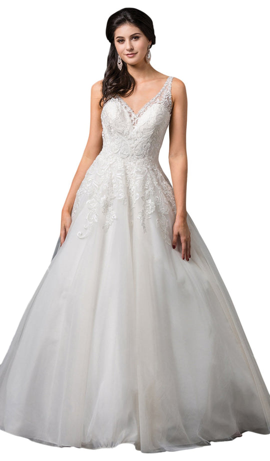 Dancing Queen Bridal - 88 Embroidered V-neck Ballgown In White and Nude