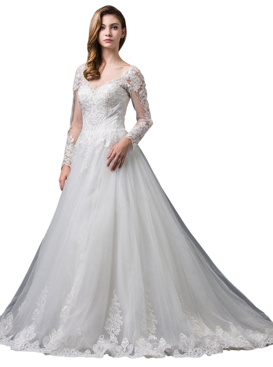 Dancing Queen Bridal - 91 Lace Long Sleeve A-line Gown In White