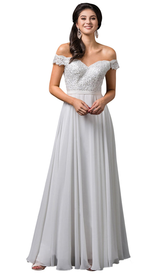 Dancing Queen Bridal - 98 Beaded Lace Off-Shoulder A-line Gown In White