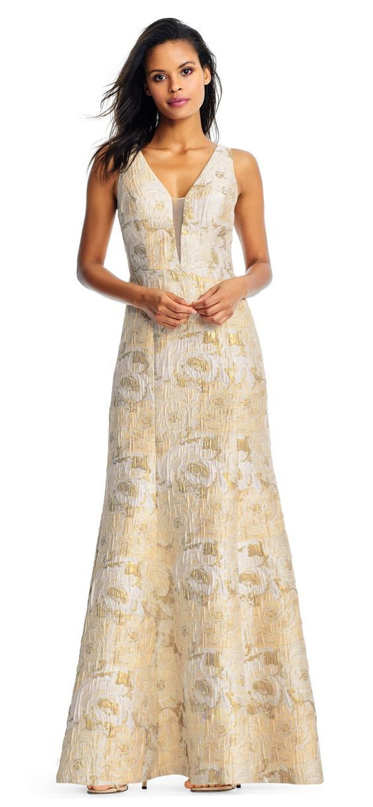 Aidan Mattox - MD1E202493 Floral Metallic Jacquard Deep V-neck Dress In White and Gold
