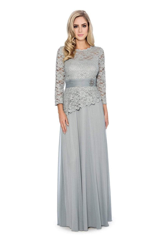 Decode 1.8 - Long Sleeve Lace Peplum Evening Dress 184004 In Gray