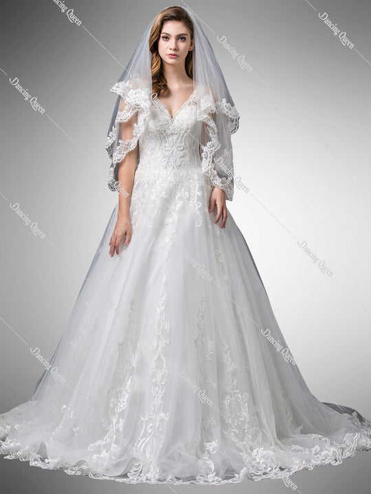 Dancing Queen Bridal - 102 Embroidered V-Neck Wedding Gown In White