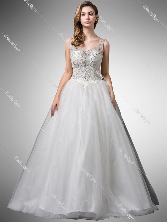 Dancing Queen Bridal - 105 Beaded V-Neck Wedding Dress In White