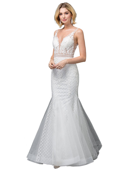 Dancing Queen Bridal - 123 Embroidered Deep V-neck Mermaid Dress In White