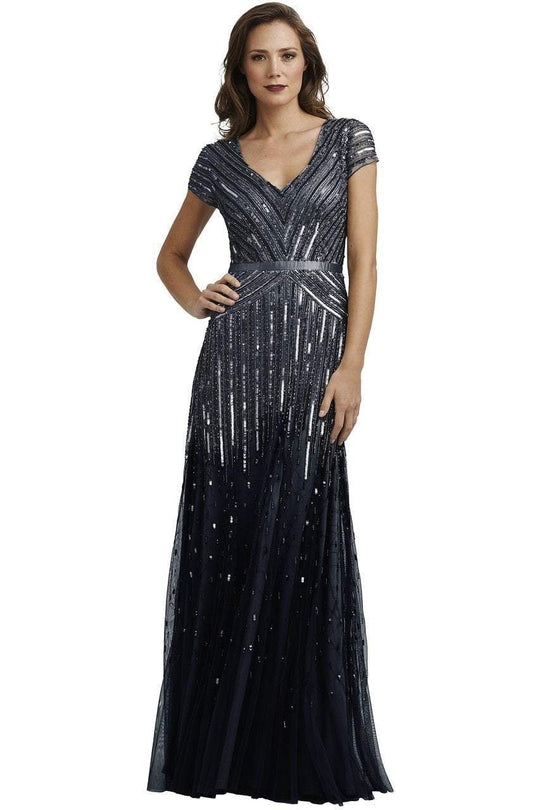 Adrianna Papell - 92868950 Cap Sleeve Sequined Mesh A-Line Gown in Gray