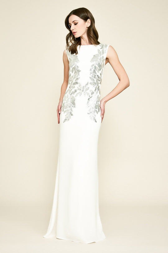 Tadashi Shoji - Shiny Embellished Sleeveless Trumpet Gown In White and Silver