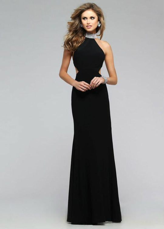 Bejeweled High Halter Chiffon Evening Gown with Side Cut-outs 7700