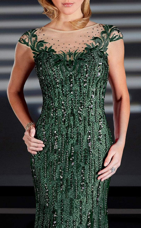 MNM Couture - 0295W Sequined Illusion Bateau Cap Sleeves Long Gown In Green