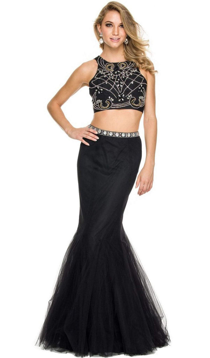 Embellished Halter Crop-Top Two Piece Evening Gown