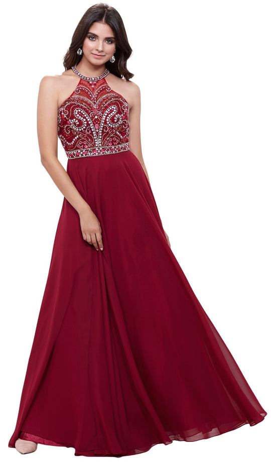 Sleeveless Beaded Halter Neck Long A-line Dress