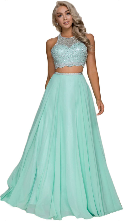 Two Piece Beaded Halter Chiffon A-line Dress
