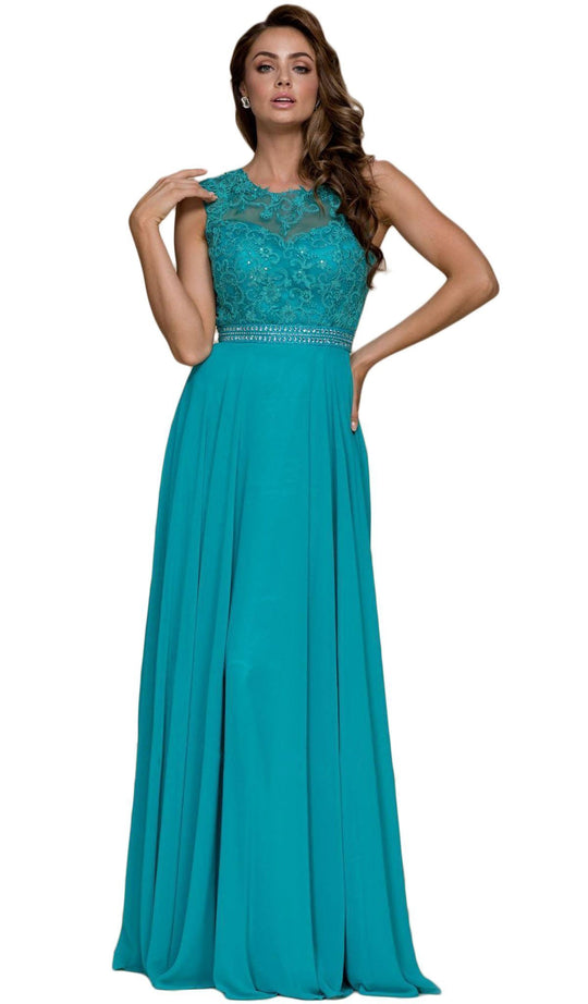 Sleeveless Illusion Jewel Ornate Lace Long Formal Gown