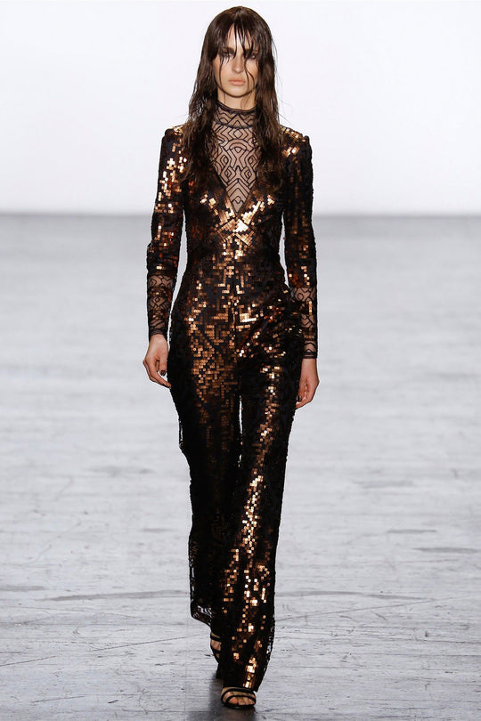 Tadashi Shoji - Embroidered Illusion High Neck Sequined Jumpsuit In Black And Brown
