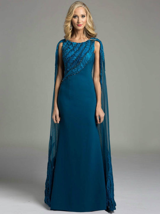 Lara Dresses - Majestic Sleeveless Gown with Sheer Cape 32970 in Green