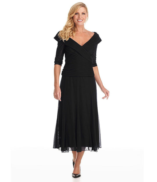 Alex Evenings - Off Shoulder  Tea Length Dress 132141 in Black
