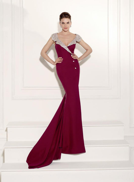 Tarik Ediz - Embellished Scalloped Collar Long Dress 92474 in Red