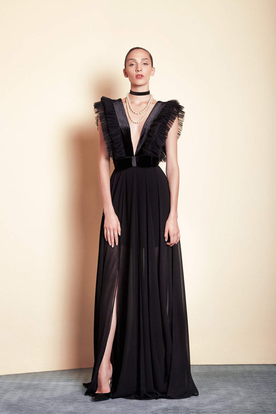 Saiid Kobeisy - Pre-Fall19-03 Ruffled Deep V-neck A-line Dress In Black