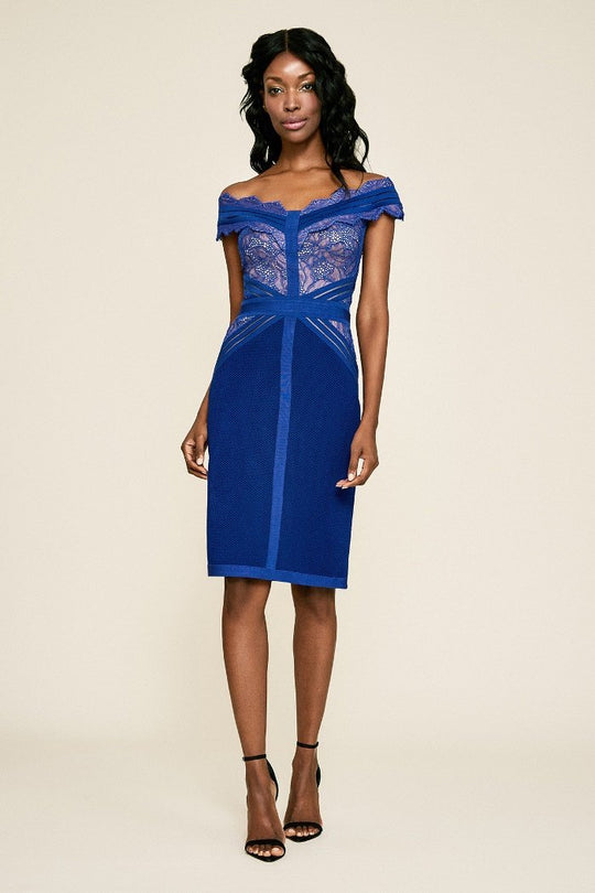 Tadashi Shoji - Eyelash Laced Bodice Column Dress In Blue  