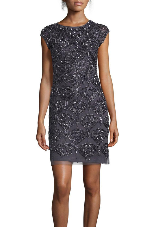 Aidan Mattox - Embellished Mesh Short Dress 54470220 in Gray