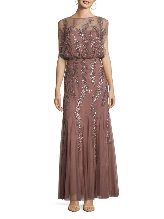 Aidan Mattox - Cape Sleeve Embellished Mesh Long Dress 54468390 in Brown