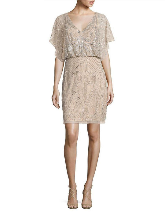 Aidan Mattox Sequined V-Neck Blouson Short Dress MD1E200692 In Silver and Nude