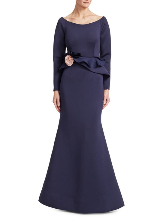 Nero By Jatin Varma - 480160 Long Sleeve Rosette Accent Peplum Gown In Blue