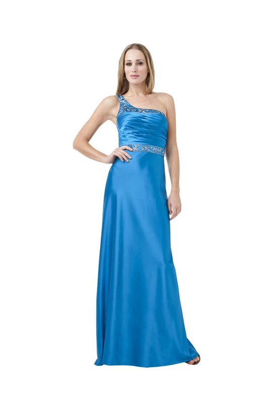 Adrianna Papell - 41852870 Pleated Bodice Bejeweled Asymmetrical Gown in Blue