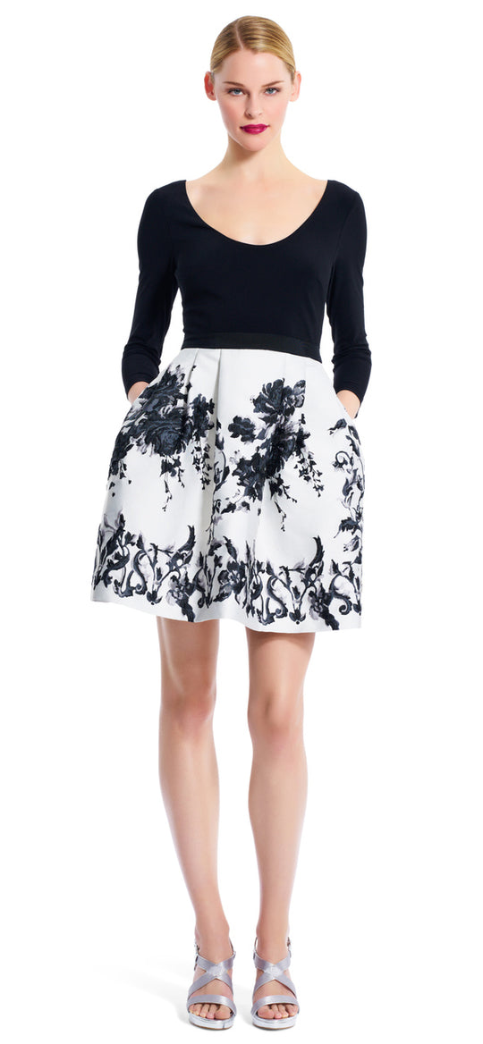 Adrianna Papell - 41921200 Floral Print Brocade Dress in White and Black